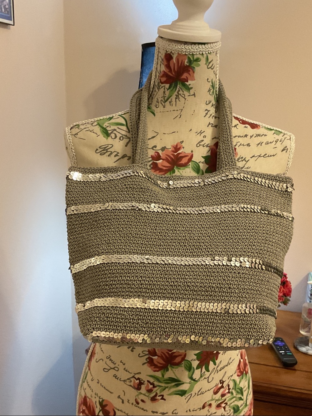 Neutral Sequin-Trim Woven Tote Bag